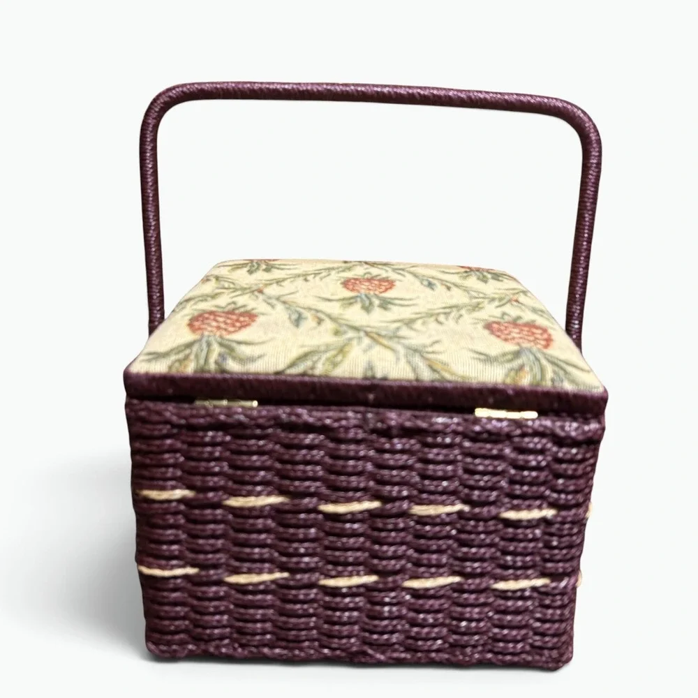 Vintage Plum Wicker Sewing Basket Pineapple Tapestry Lid Cottagecore Organizer